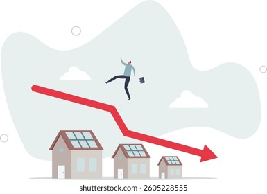 Housing price falling down, real estate and property crash, value drop or decline, home loan or mortgage risk concept.flat character life .