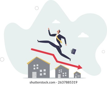 Housing price falling down, real estate and property crash, value drop or decline, home loan or mortgage risk concept. character life .