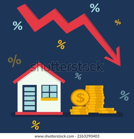 Housing price falling down, real estate and property crash, value drop or decline, home loan or mortgage risk concept.