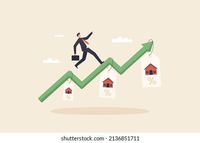 Housing price rising up. businessman running on rising green graph on house price tag or house roof. real estate or property growth concept.