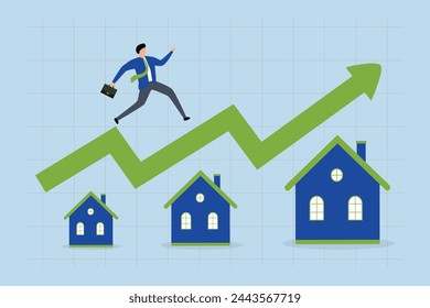 Housing price rising up, businessman running on the roof of a building with a rising green graphic.