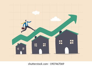 Housing price rising up, real estate or property growth concept, businessman running on rising green graph on house roof. - Shutterstock ID 1907467069