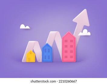 Housing price rising up, real estate investment or property growth concept. Arrow chart rising house prices. 3D Web Vector Illustrations.