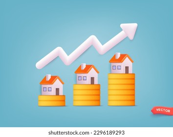 Housing price rising up, real estate or property growth concept. Real estate transaction and rising of property value. 3D Web Vector Illustrations.