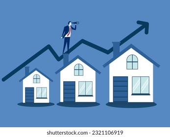 Housing price rising up, real estate investment or property growth concept, businessman holding field glass on rising house graph. vector illustration.
