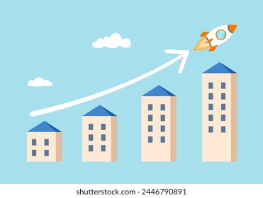 Housing price rising up, real estate investment or property growth concept. Arrow chart rising house prices.