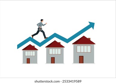 Housing price rising up, real estate or property growth concept, businessman running on rising green graph on house roof.

