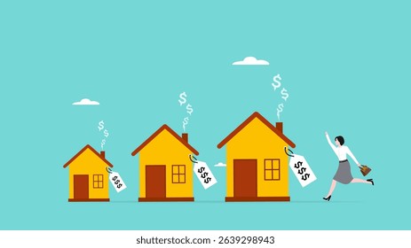 Housing price rising up, real estate or property investment growth concept, happy businesswoman with houses lined up from small to large emitting smoke with a dollar symbol