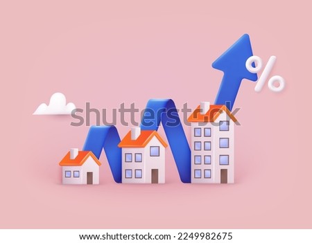Housing price rising up, real estate investment or property growth concept. Arrow chart rising house prices. 3D Web Vector Illustrations.