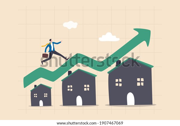 Housing price rising up, real estate or property\
growth concept, businessman running on rising green graph on house\
roof.