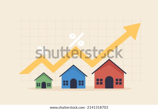 Housing price rising up, real\
estate investment or property growth concept, House with arrow\
graph.