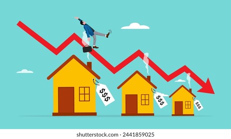 housing prices fall, decline in real estate and property prices, property investment losses, businessman fell from a red graph running down the roof of the house concept illustration