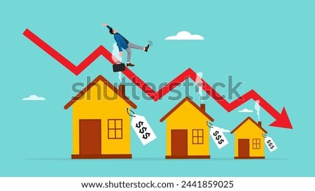 housing prices fall, decline in real estate and property prices, property investment losses, businessman fell from a red graph running down the roof of the house concept illustration