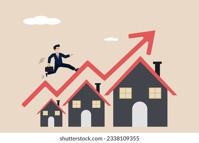 Housing prices rising, housing investment, real estate or property growth concept, businessman walking on rising red chart on house roof.