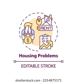 Housing problems concept icon. Rent payment. Mortgage loan. Low income. Family finance. Global crisis. Real estate abstract idea thin line illustration. Isolated outline drawing. Editable stroke