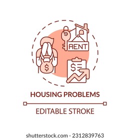Housing problems red concept icon. Rent payment. Mortgage loan. Low income. Family finance. Global crisis. Real estate abstract idea thin line illustration. Isolated outline drawing. Editable stroke