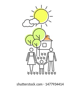 Housing, property and life insurance, mortgages, loans. A happy family.  Icon in a modern line style with parents and child, home in nature.