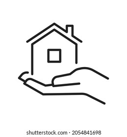 Housing provision concept monochrome line icon vector illustration. Human hand hold house outline simple logo isolated on white. Social support, charity, donation, insurance, help, safety, assistance