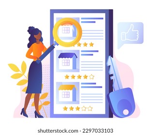 Housing search concept. Woman with magnifying glass evaluates buildings on smartphone screen. Modern technologies and digital world. Real estate and private property. Cartoon flat vector illustration