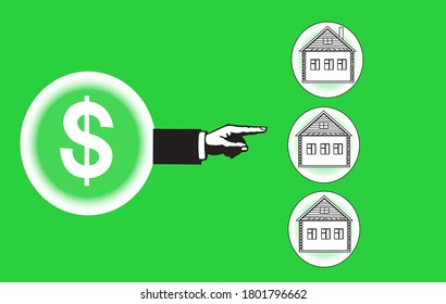 Housing selection. Picture of a human hand pointing to house isolated on green background. Real estate concept. Vector.