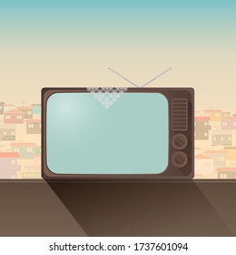 housing shape television in Turkey in the old year, the lace veil, old buildings in the background. Vector drawing