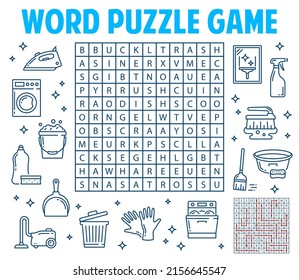 Housing, washing and cleaning tools, word search puzzle game, vector worksheet quiz grid. Kids education riddle game to search and find words of washer, gloves and bucket with vacuum cleaner and iron