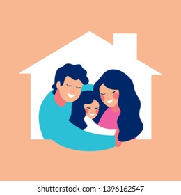 Сoncept housing a young family with one child. Mother father and daughter in new house with a roof.  vector design illustrations isolated from background.