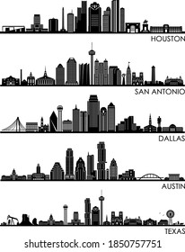 HOUSTON AUSTIN DALLAS SAN ANTONIO Texas SKYLINE City Outline Silhouette


