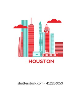 Houston city architecture retro vector illustration, skyline city silhouette, skyscraper, flat design