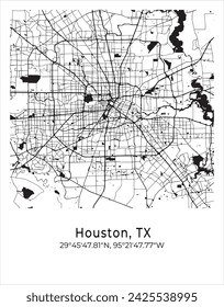 Stadtplan von Houston. Reiseposter Vektor-Illustration mit Koordinaten. Houston, Texas, Vereinigte Staaten von Amerika Karte im Lichtmodus.