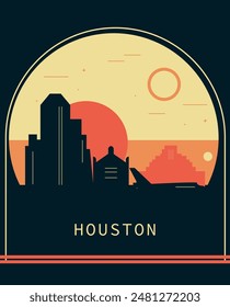 Afiche de estilo retro de la ciudad de Houston con horizonte, paisaje urbano. ILUSTRACIÓN VECTORIAL vintage del estado de Texas. Cubierta frontal de EE. UU., folleto, folleto, Plantilla de folleto, Imagen de diseño