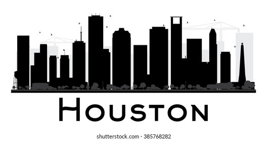 Houston City skyline black and white silhouette. Vector illustration. Simple flat concept for tourism presentation, banner, placard or web site. Business travel concept. Cityscape with landmarks