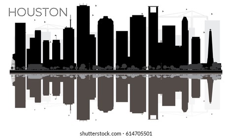 Houston City skyline black and white silhouette with reflections. Vector illustration. Simple flat concept for tourism presentation, banner, placard or web site. Cityscape with landmarks.