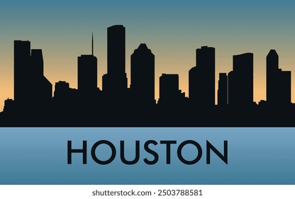  Houston. The city skyline. Silhouettes of buildings. The sunset of the day. Vector on a blue background