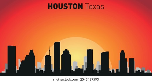 Houston city skyline with silhouettes of buildings against the backdrop of a large yellow sun and orange sky. Vector on the background of sunset