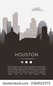 Houston city template for website, presentation, front page, invitation, publication sheet with skyline, landmarks. Vector Texas, USA image layout, simple and grayscale