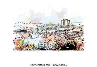 Houston City in Texas, USA. Watercolor splash with hand drawn sketch illustration in vector.