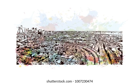 Houston City in Texas, USA. Watercolor splash with hand drawn sketch illustration in vector.