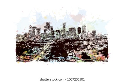 Houston City in Texas, USA. Watercolor splash with hand drawn sketch illustration in vector.