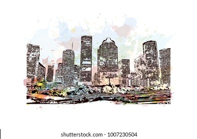 Houston City in Texas, USA. Watercolor splash with hand drawn sketch illustration in vector.