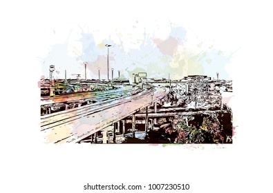 Houston City in Texas, USA. Watercolor splash with hand drawn sketch illustration in vector.