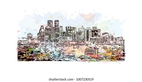 Houston City in Texas, USA. Watercolor splash with hand drawn sketch illustration in vector.