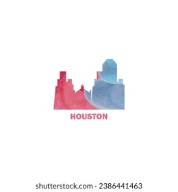 Houston city US watercolor cityscape skyline panorama vector flat modern logo icon. USA, Texas state of America emblem with landmarks and building silhouettes. Isolated red and blue graphic