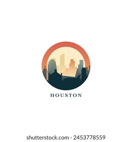 Paisaje urbano de Houston, insignia de gradiente de Vector, logotipo plano del horizonte, ícono. EE.UU., Texas idea redonda del emblema de la ciudad del estado con Lugares famosos y siluetas de construcción. Gráfico abstracto aislado