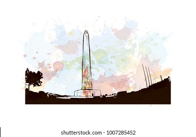 Houston Hermann park Pioneer memorial obelisk Houston City in Texas, USA. Watercolor splash with hand drawn sketch illustration in vector.