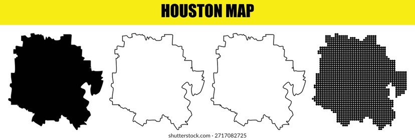 Houston map set with four styles. Collection of simple black silhouette, solid shape, outline border, and dotted pattern. US city symbol on transparent background.