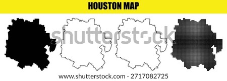 Houston map set with four styles. Collection of simple black silhouette, solid shape, outline border, and dotted pattern. US city symbol on transparent background.