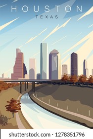 Houston Modern Vector Poster. Houston, Texas Landscape Illustration.Top 20 Most Populated Cities Of The USA.