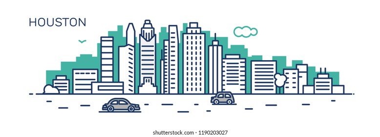 Houston panorama city. Flat line style. For banner, presentation, cards, web page. Vector illustration