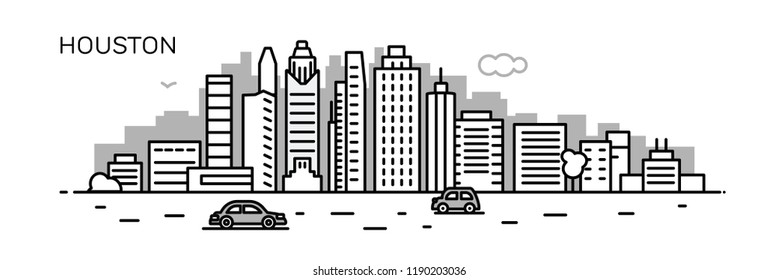 Houston panorama city. Flat line style. For banner, presentation, cards, web page. Vector illustration